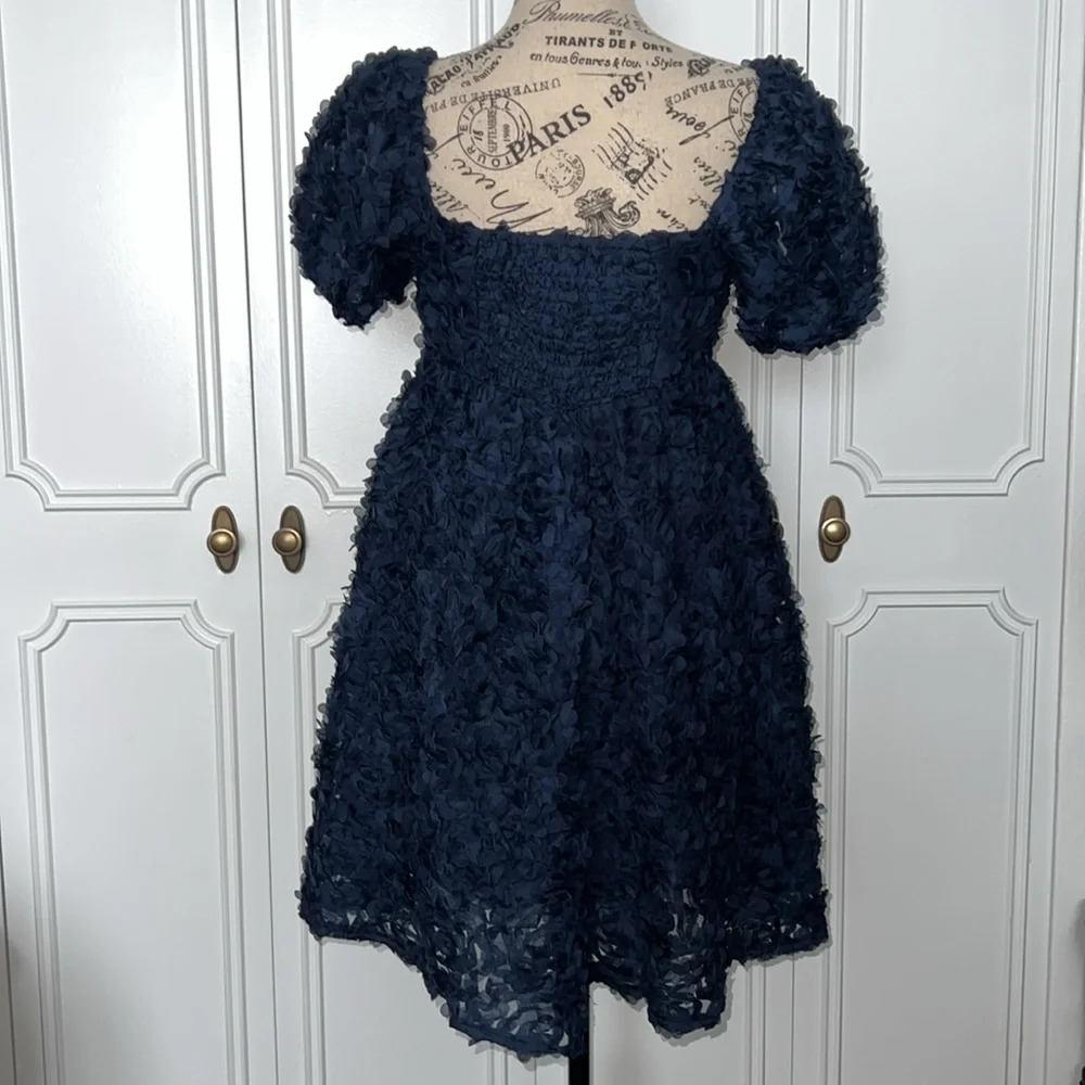 Lulus Precious Passion Navy Blue Floral Puff Sleeve Babydoll Dress, Size: Medium - Picture 5 of 7